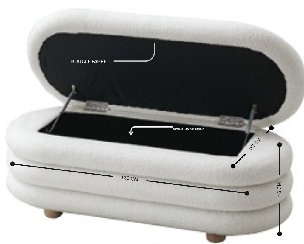 LOUVRE Bouclé Luxe Ottoman Bench – Modern Elegance with Hidden Storage