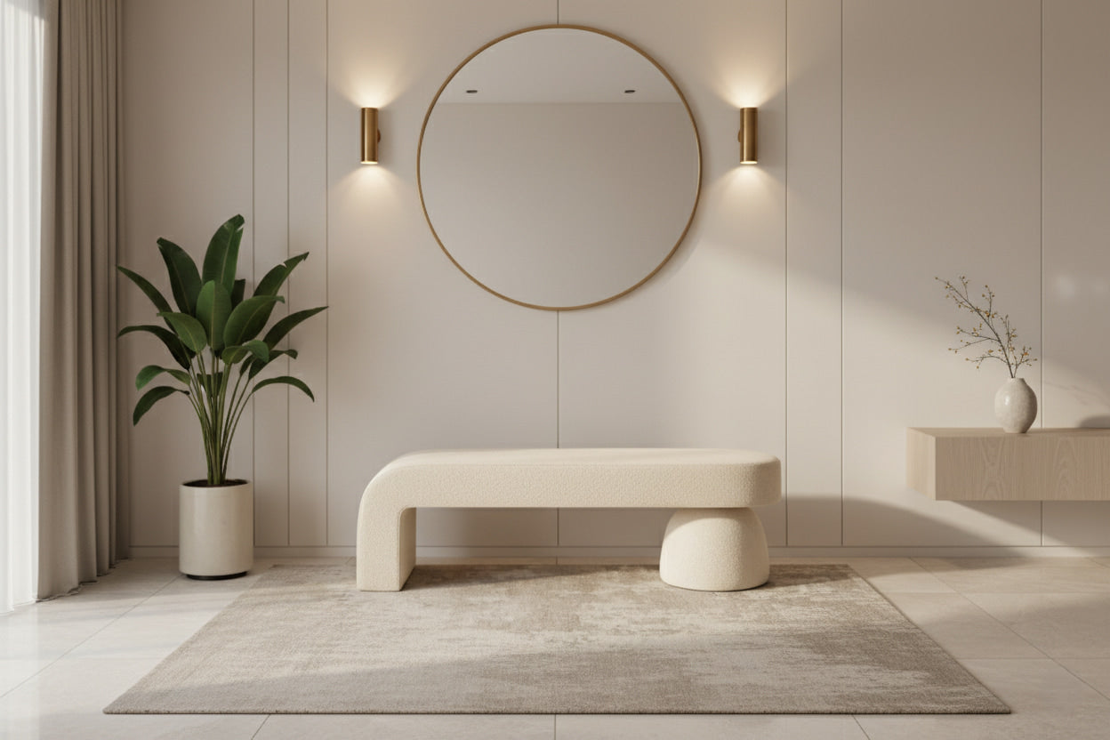 UDIN Designer Ottoman Bench – Sculptural Luxury in Bouclé