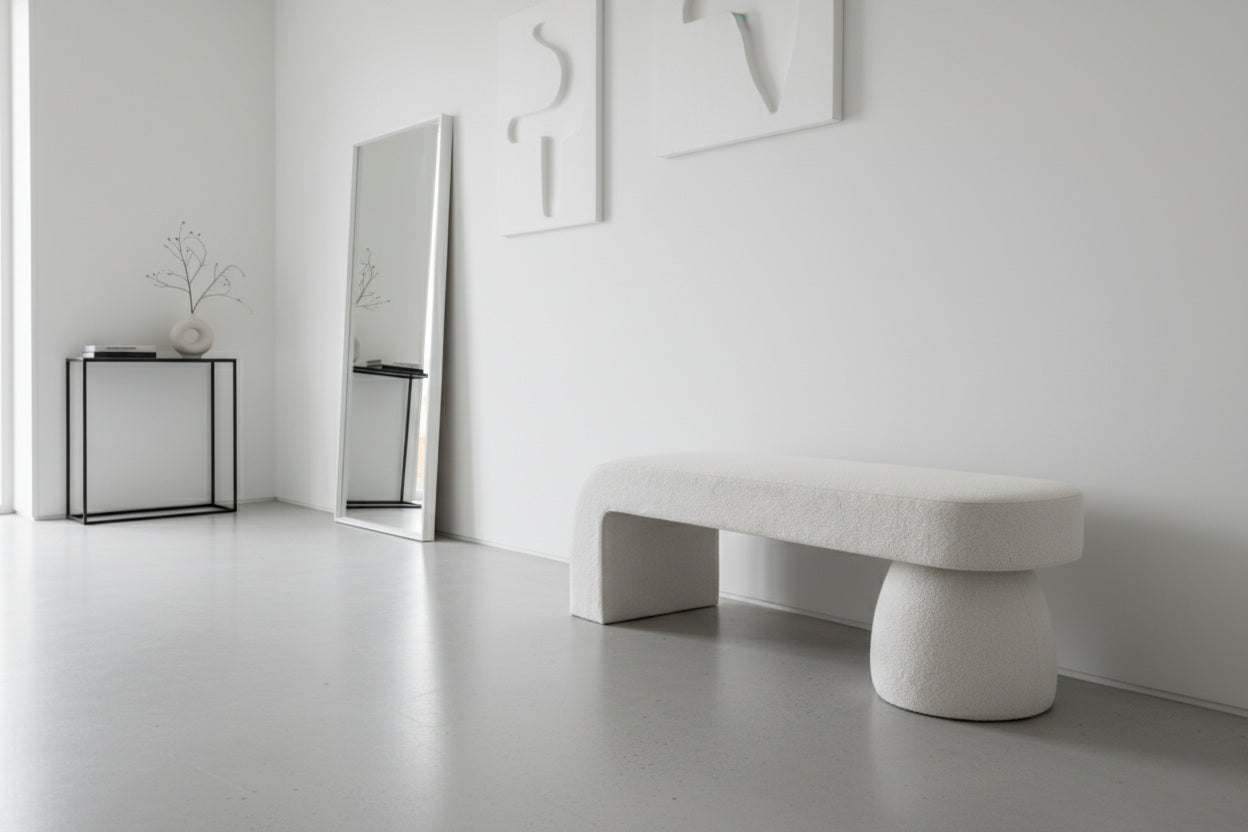 UDIN Designer Ottoman Bench – Sculptural Luxury in Bouclé