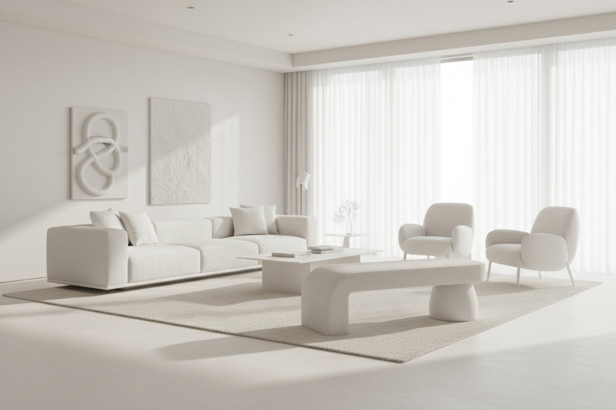 UDIN Designer Ottoman Bench – Sculptural Luxury in Bouclé