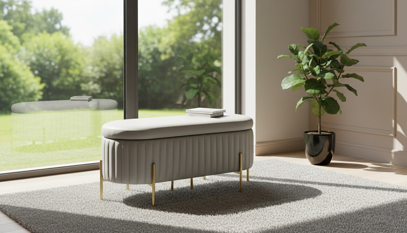 VILLENEUVE Luxe Storage Ottoman Bench – Light Grey PU Leather with Golden Accents