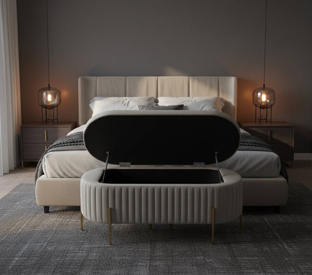 VILLENEUVE Luxe Storage Ottoman Bench – Light Grey PU Leather with Golden Accents