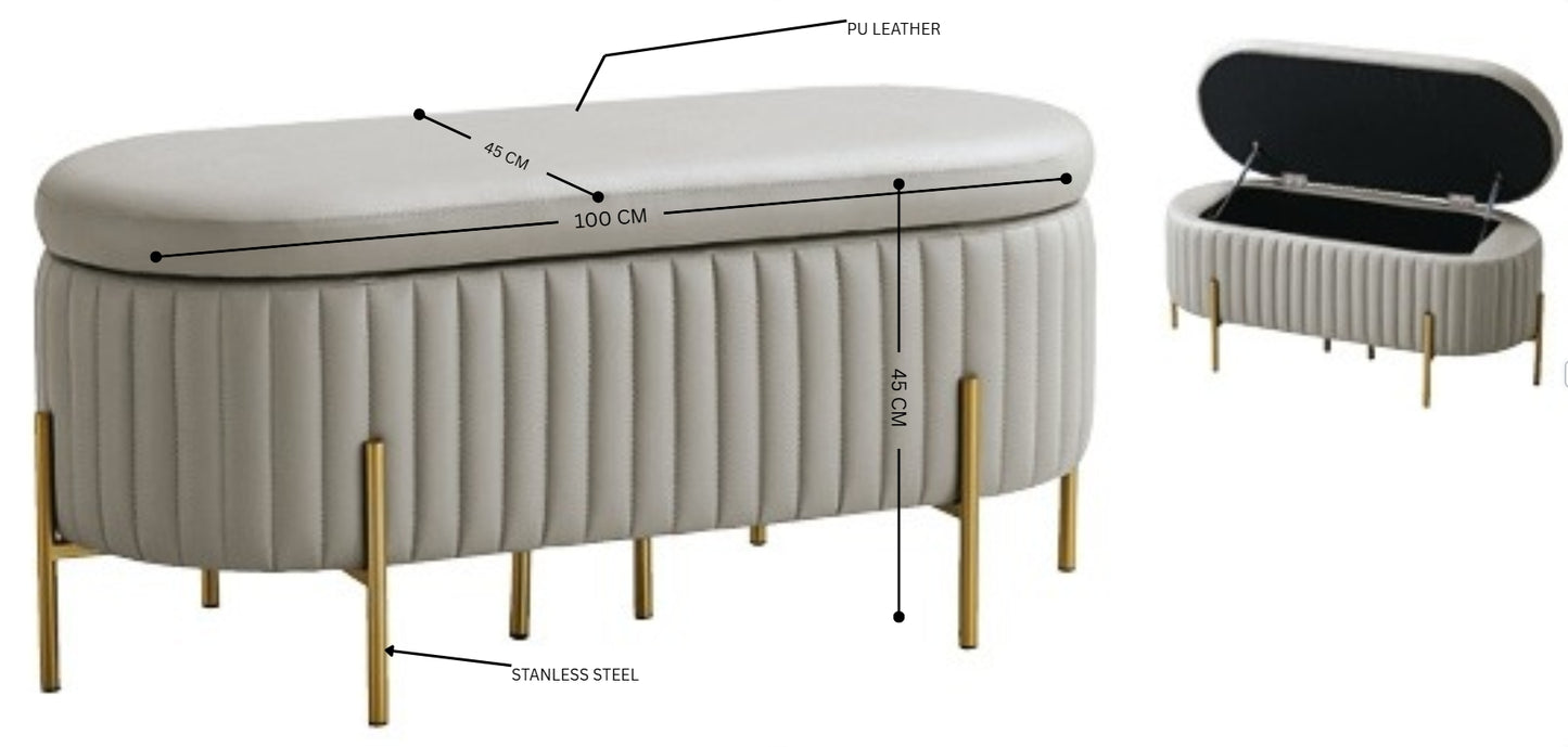 VILLENEUVE Luxe Storage Ottoman Bench – Light Grey PU Leather with Golden Accents