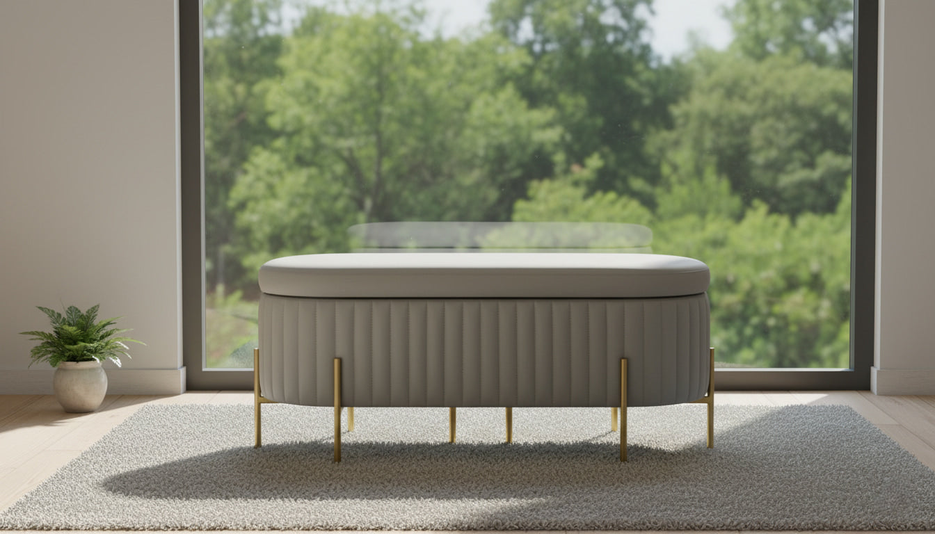 VILLENEUVE Luxe Storage Ottoman Bench – Light Grey PU Leather with Golden Accents