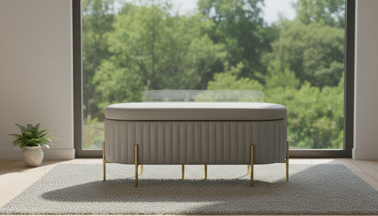VILLENEUVE Luxe Storage Ottoman Bench – Light Grey PU Leather with Golden Accents