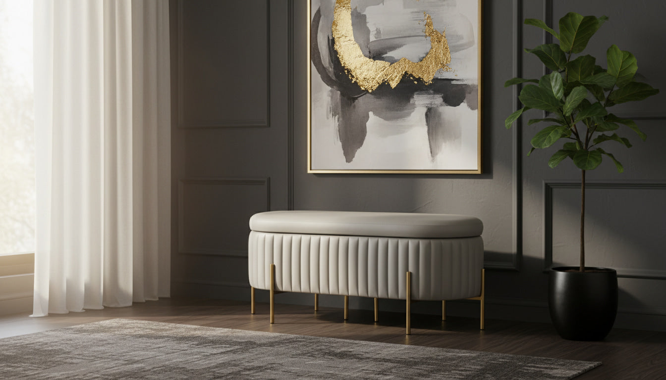 VILLENEUVE Luxe Storage Ottoman Bench – Light Grey PU Leather with Golden Accents
