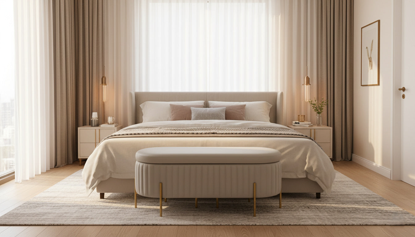 VILLENEUVE Luxe Storage Ottoman Bench – Light Grey PU Leather with Golden Accents