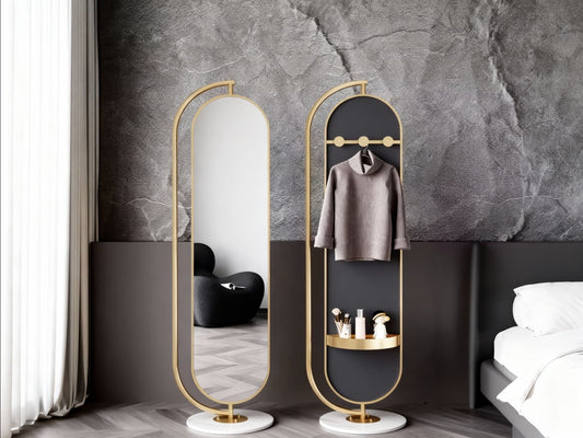 LUNA Standing Mirror with Gold Frame & natural marble base