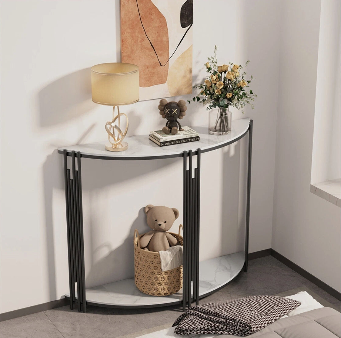 Lune Half-Moon Console Table – Modern Narrow Entryway Table (White Marble / Black Marble)