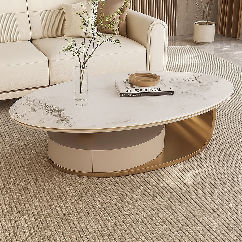 ORA Oval Coffee Table – Marble Top with Hidden Storage
