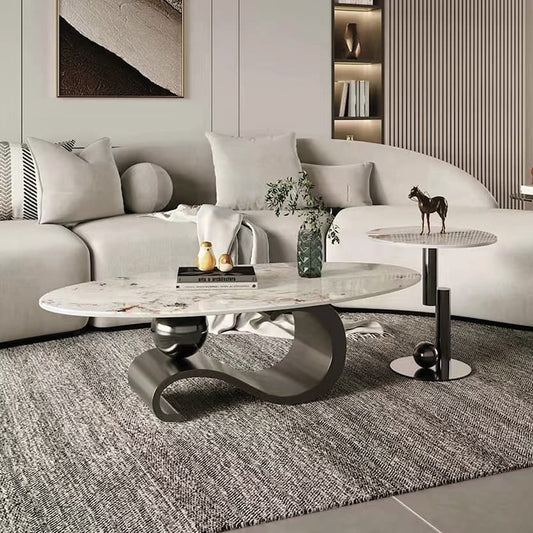 PLOMO Coffee & Side Table Set – Marble Top with Sculptural Steel Base
