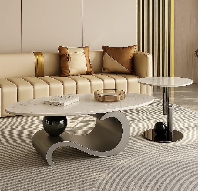 PLOMO Coffee & Side Table Set – Marble Top with Sculptural Steel Base