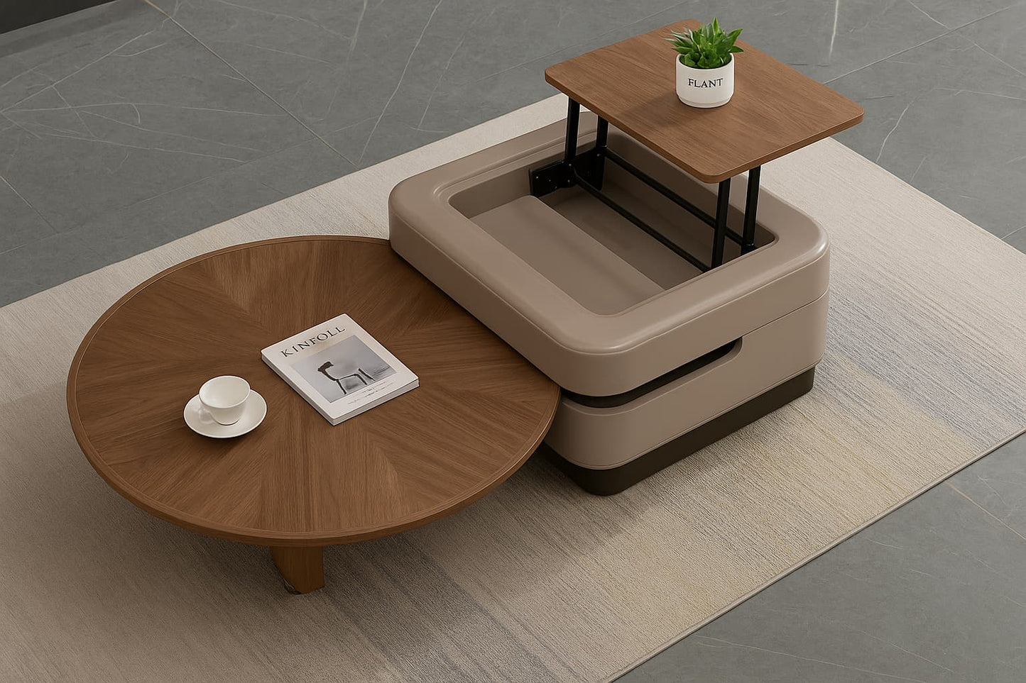 SCALA Coffee Table Set – Walnut Veneer with Hidden Storage & Lift-Top