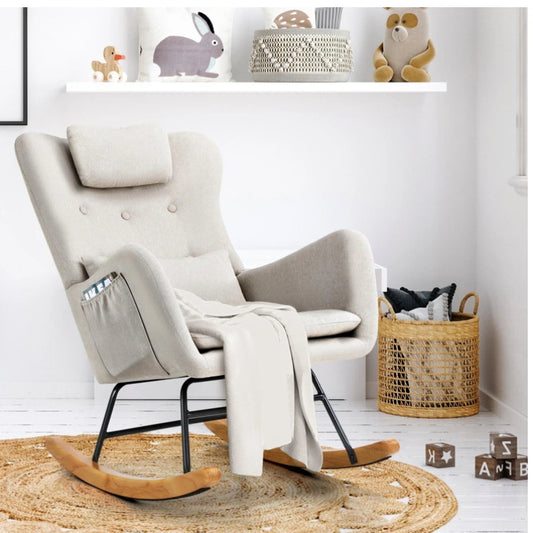 CAROL Rocking Chair Nursing Armchair Linen Accent Chairs With 2 Pillow Beige