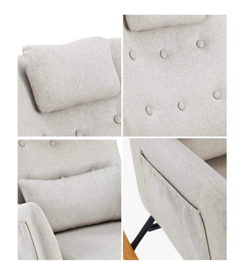 CAROL Rocking Chair Nursing Armchair Linen Accent Chairs With 2 Pillow Beige