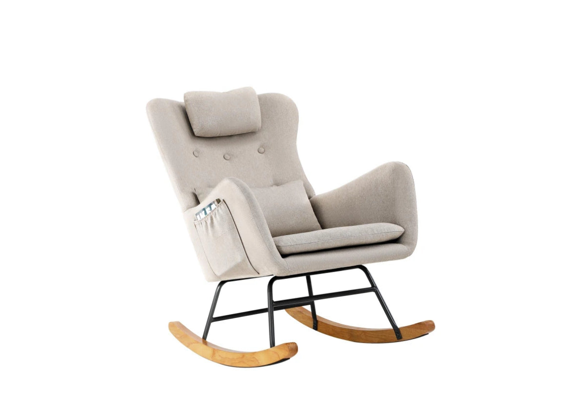 CAROL Rocking Chair Nursing Armchair Linen Accent Chairs With 2 Pillow Beige