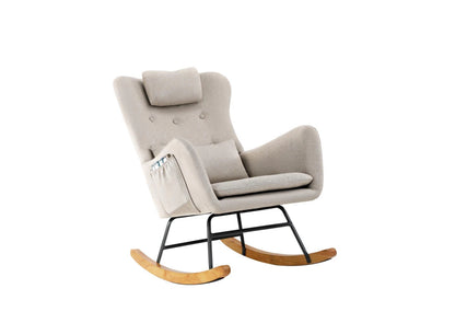 CAROL Rocking Chair Nursing Armchair Linen Accent Chairs With 2 Pillow Beige