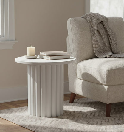 BLANCHE Fluted Side Table – Modern Sculptural Accent Table (White)