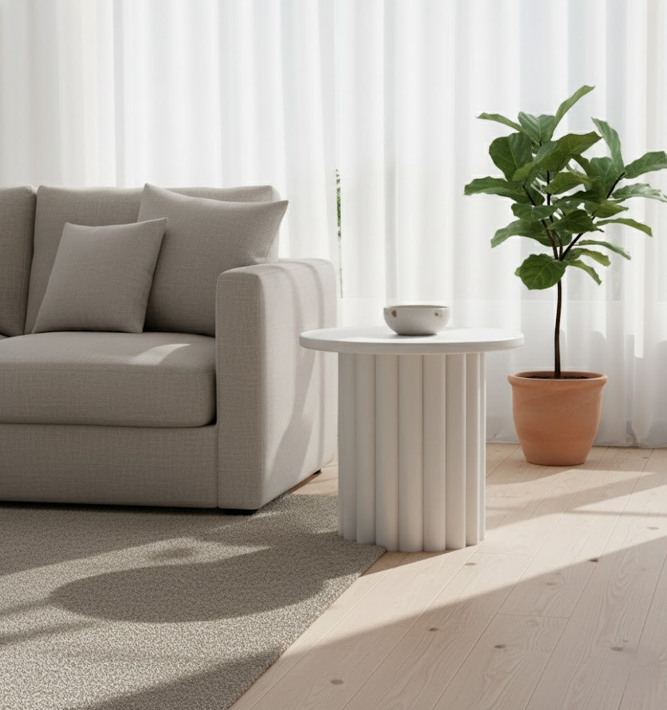 BLANCHE Fluted Side Table – Modern Sculptural Accent Table (White)