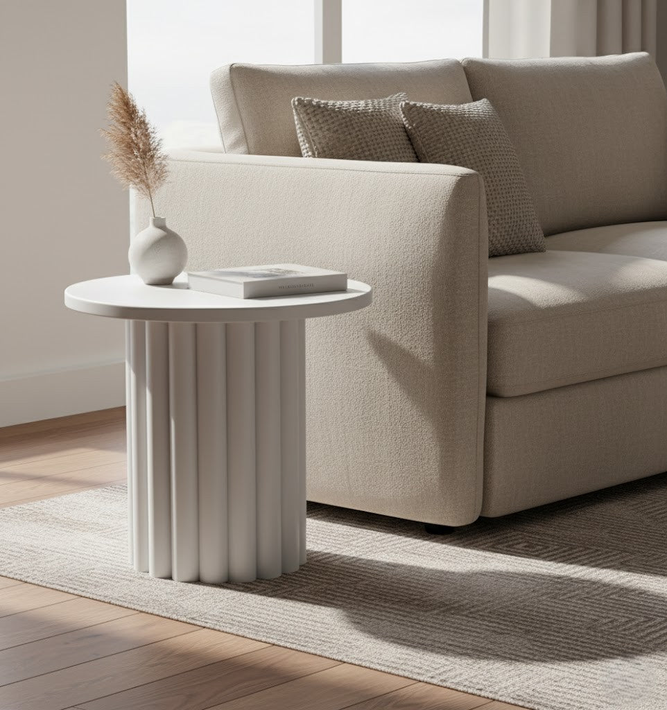 BLANCHE Fluted Side Table – Modern Sculptural Accent Table (White)