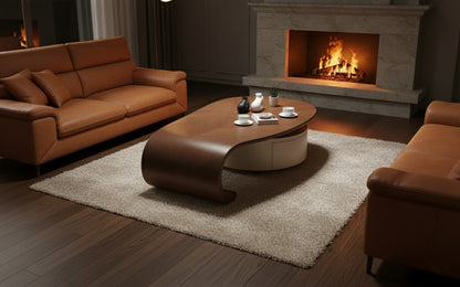 ÉCLAIR Modern Coffee Table with Hidden Storage – Curved Wood Design & Rolling Base