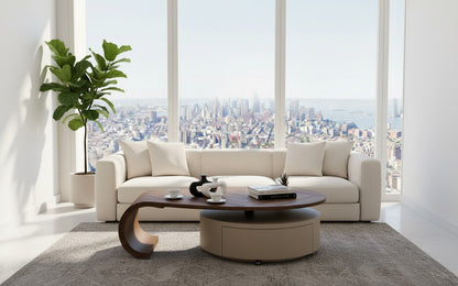 ÉCLAIR Modern Coffee Table with Hidden Storage – Curved Wood Design & Rolling Base