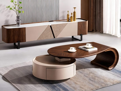 ÉCLAIR Modern Coffee Table with Hidden Storage – Curved Wood Design & Rolling Base