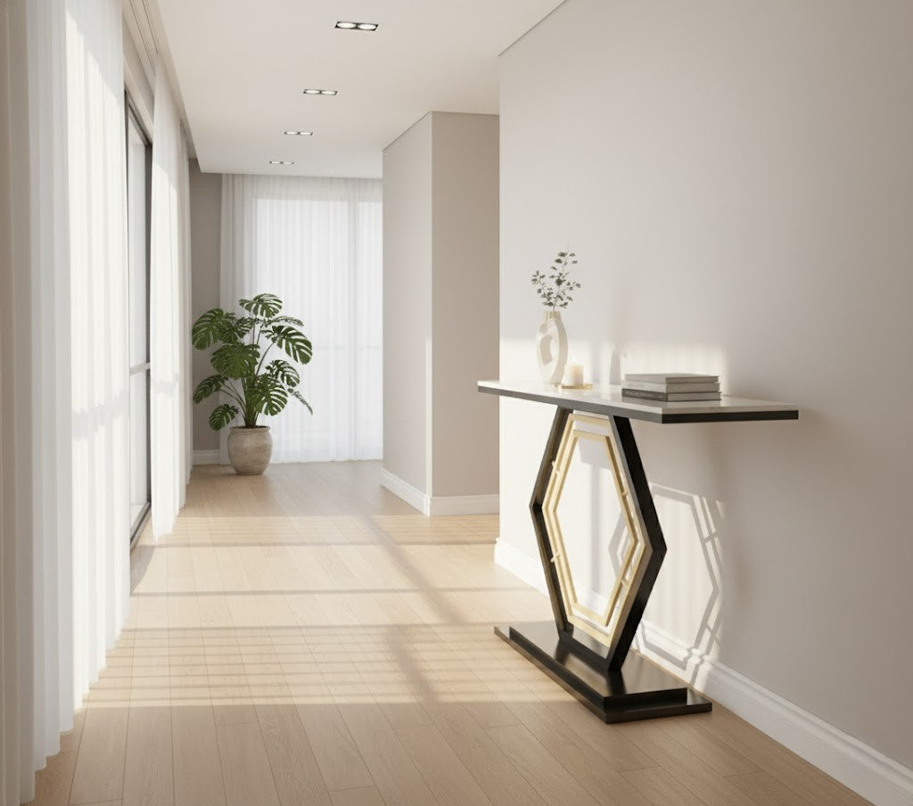HEXA Console Table – White Sintered Stone Top with Black & Gold Geometric Base