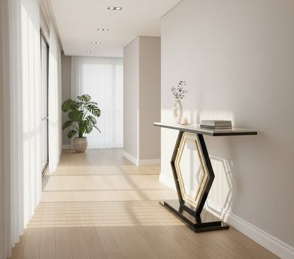 HEXA Console Table – White Sintered Stone Top with Black & Gold Geometric Base