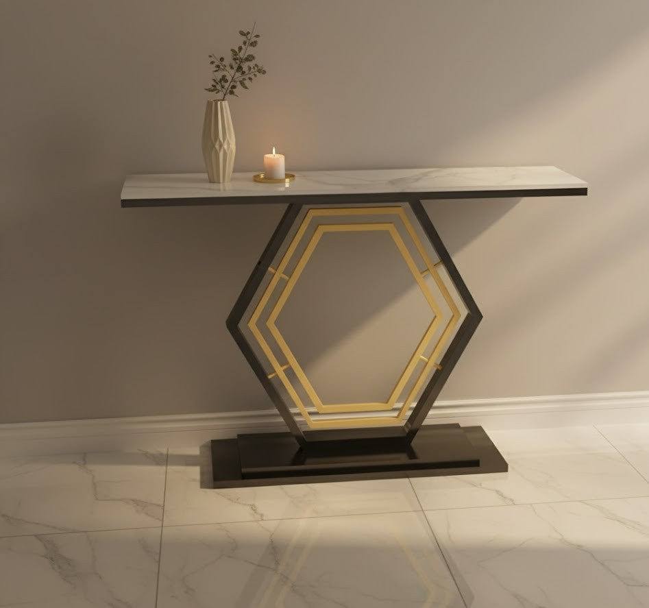 HEXA Console Table – White Sintered Stone Top with Black & Gold Geometric Base