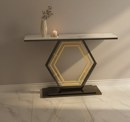 HEXA Console Table – White Sintered Stone Top with Black & Gold Geometric Base