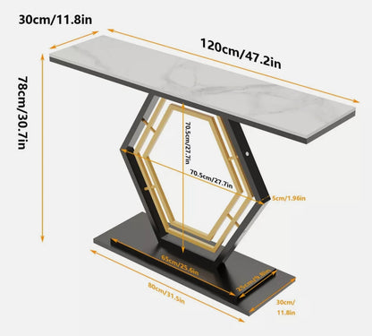 HEXA Console Table – White Sintered Stone Top with Black & Gold Geometric Base