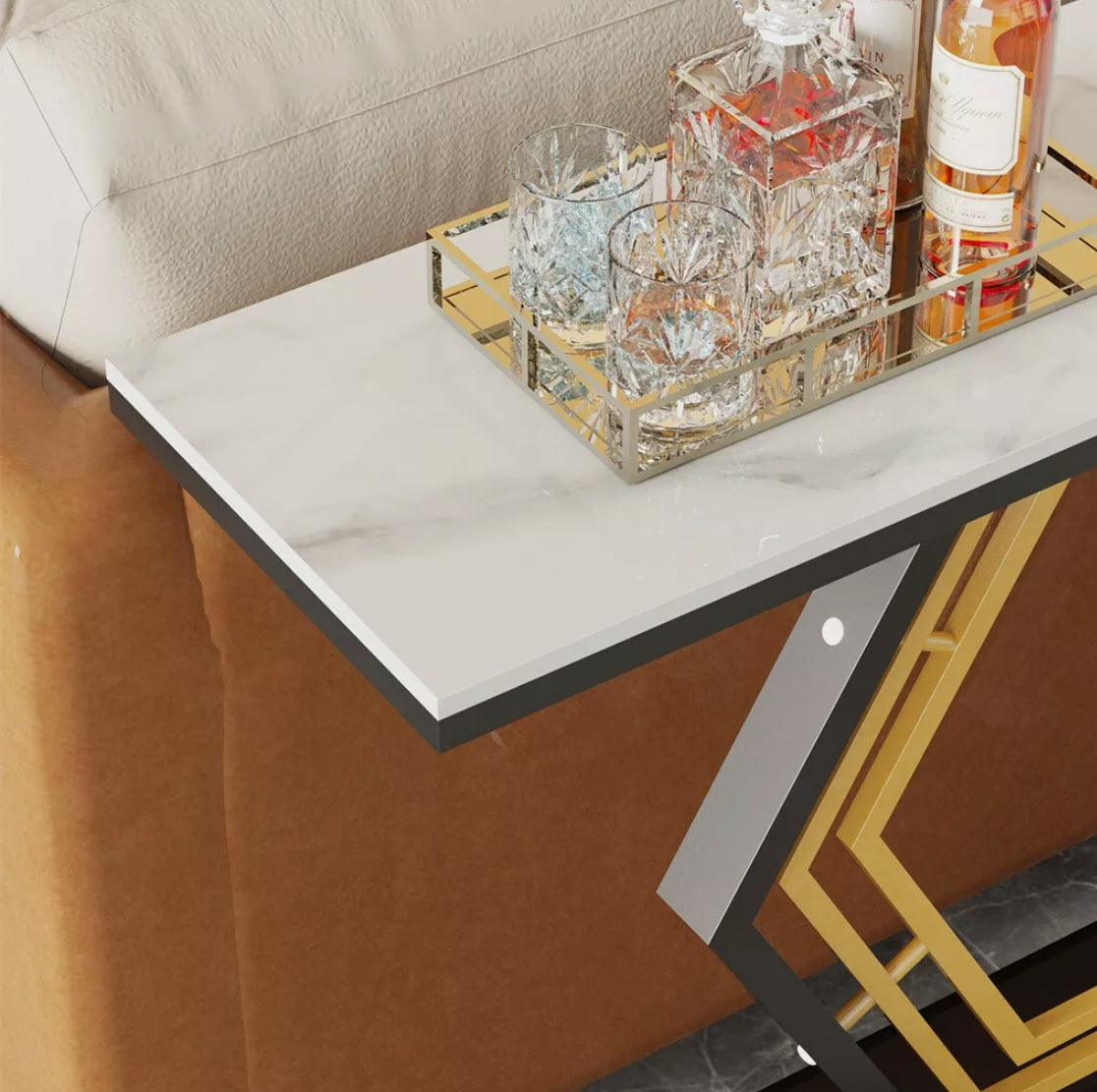 HEXA Console Table – White Sintered Stone Top with Black & Gold Geometric Base