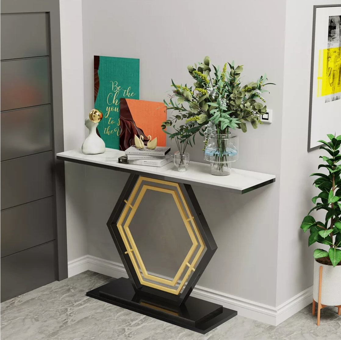 HEXA Console Table – White Sintered Stone Top with Black & Gold Geometric Base