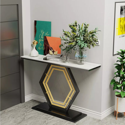 HEXA Console Table – White Sintered Stone Top with Black & Gold Geometric Base