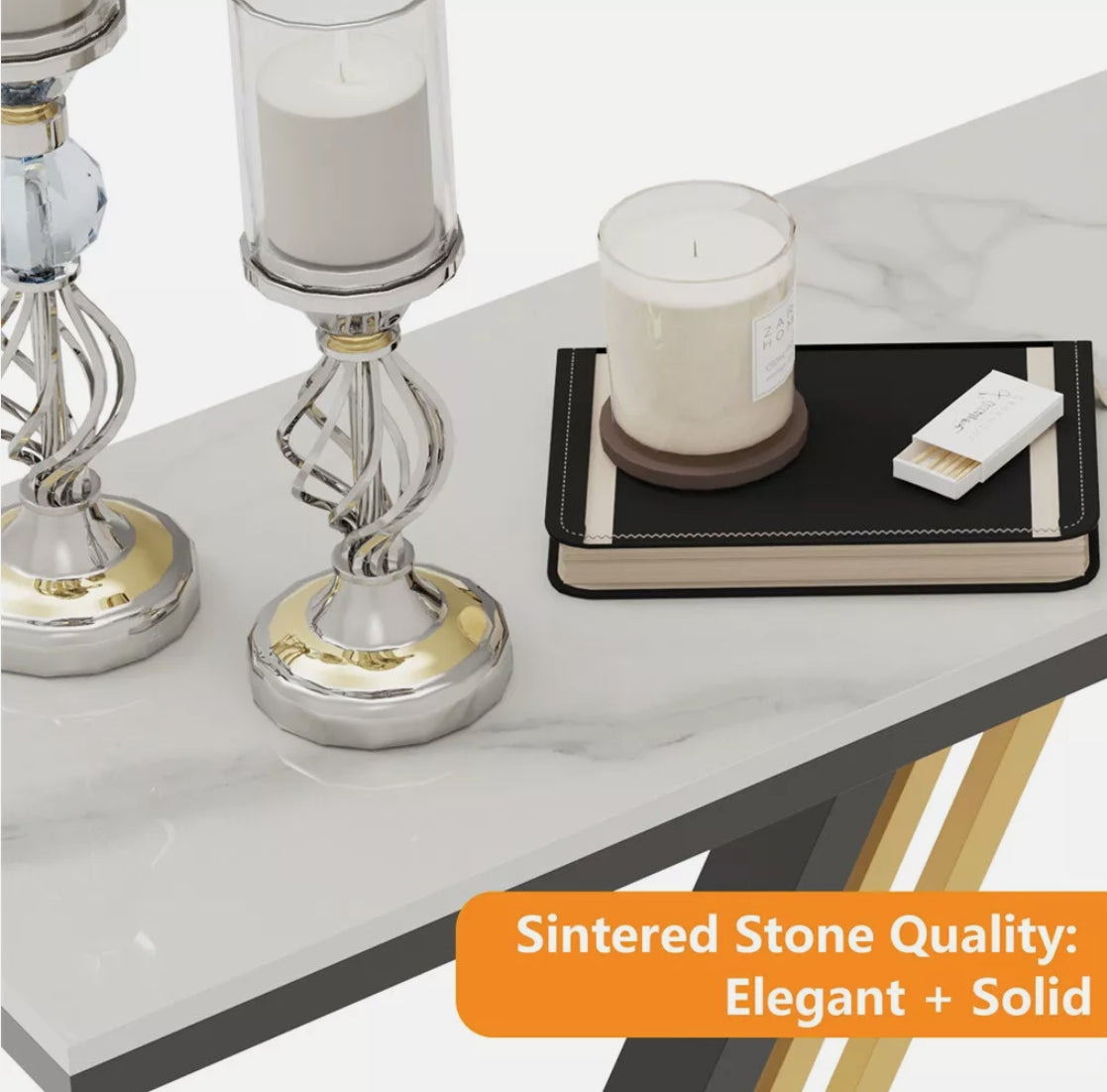 HEXA Console Table – White Sintered Stone Top with Black & Gold Geometric Base