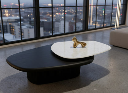 LENOIR Dual-Layer Coffee Table – Marble Stone Top with Black Wood Base