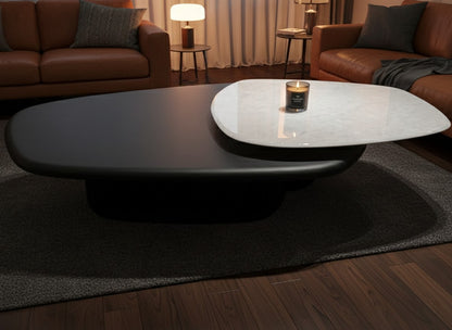 LENOIR Dual-Layer Coffee Table – Marble Stone Top with Black Wood Base