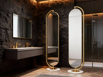 LUNA Standing Mirror with Gold Frame & natural marble base