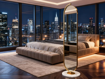 LUNA Standing Mirror with Gold Frame & natural marble base