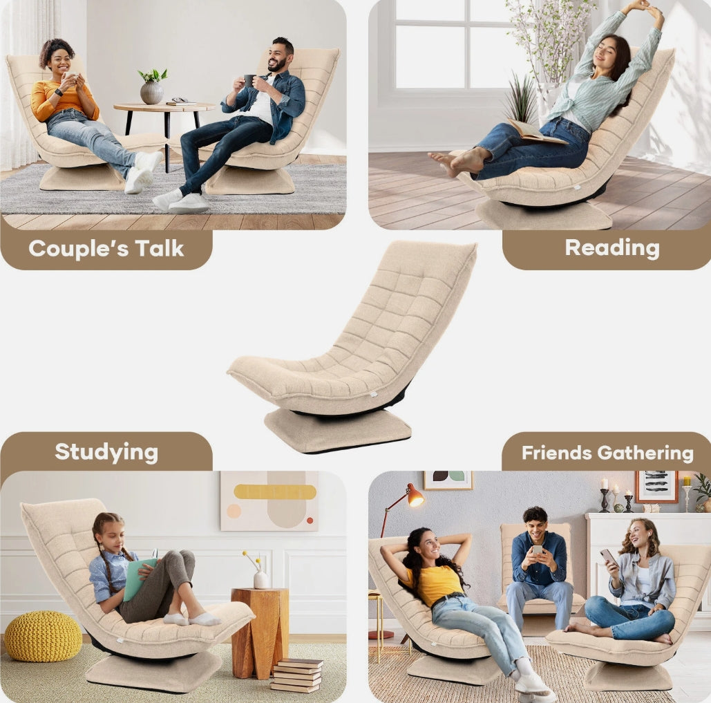 Laure 360° Swivel Floor Lounge Chair – Foldable Recliner in Beige, Charcoal & Black PU