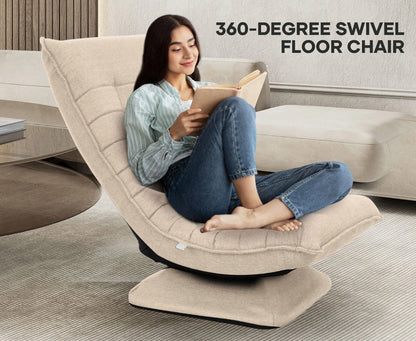 Laure 360° Swivel Floor Lounge Chair – Foldable Recliner in Beige, Charcoal & Black PU