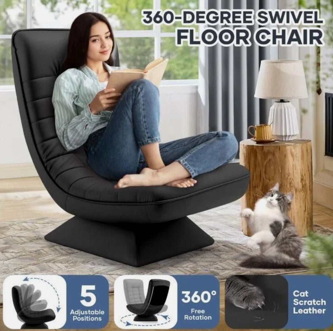 Laure 360° Swivel Floor Lounge Chair – Foldable Recliner in Beige, Charcoal & Black PU