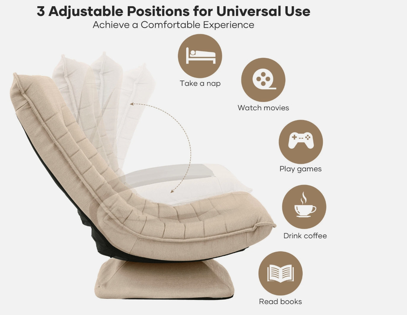 Laure 360° Swivel Floor Lounge Chair – Foldable Recliner in Beige, Charcoal & Black PU