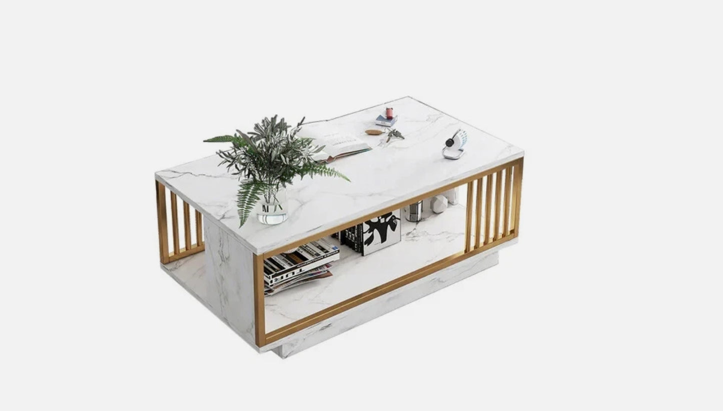 Marbella Luxe Marble Coffee Table — White Stone Finish & Gold Detail (100cm)