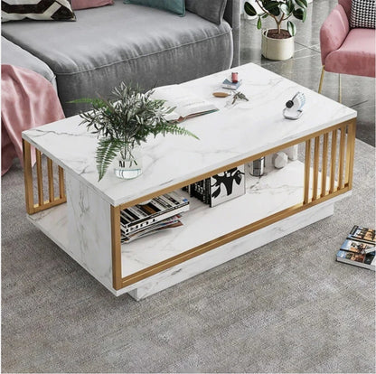 Marbella Luxe Marble Coffee Table — White Stone Finish & Gold Detail (100cm)