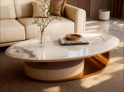 ORA Oval Coffee Table – Marble Top with Hidden Storage