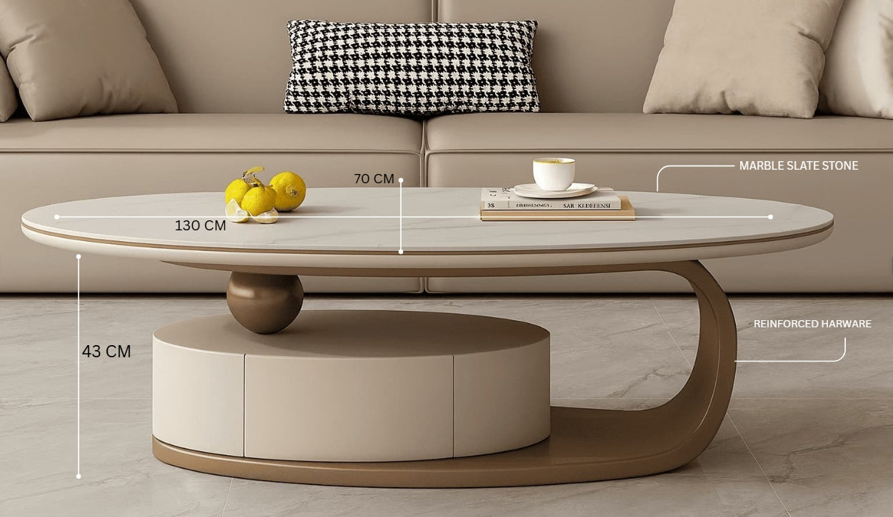 ORA Oval Coffee Table – Marble Top with Hidden Storage