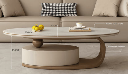 ORA Oval Coffee Table – Marble Top with Hidden Storage