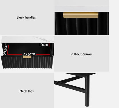 Soren Modern Coffee Table — Black Ribbed Base & White Stone Top (110cm)